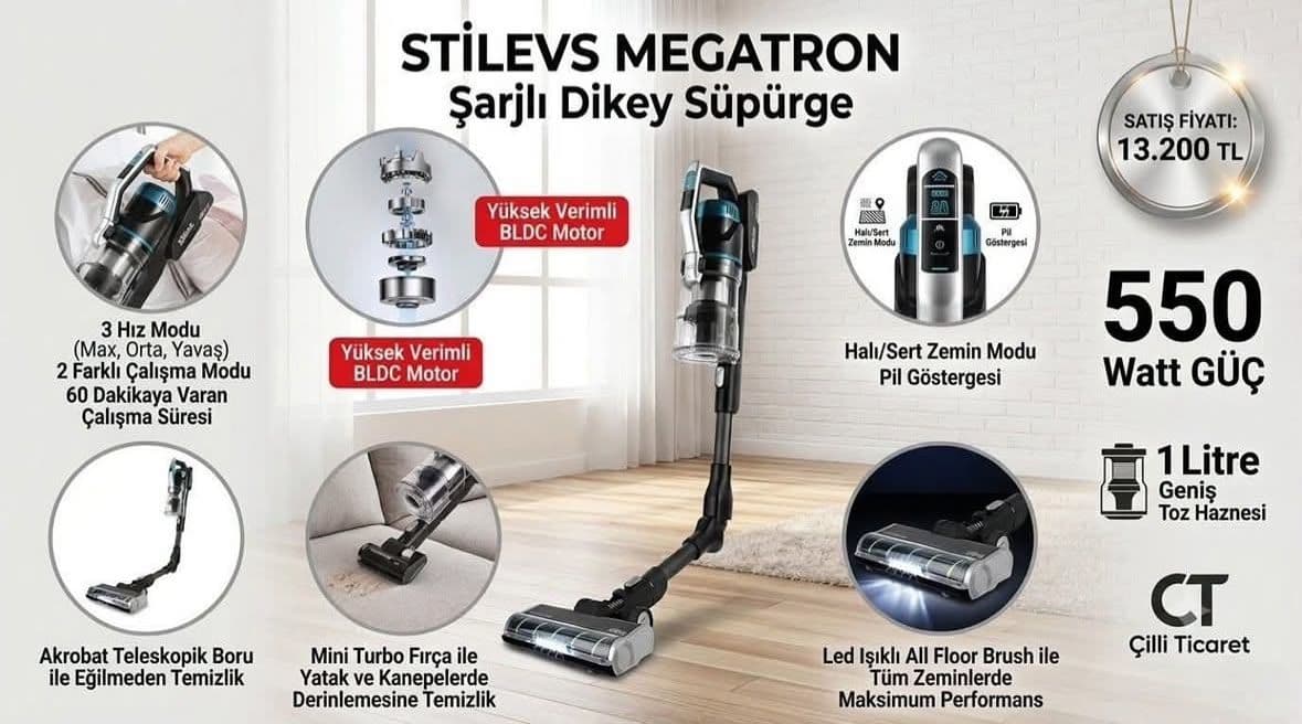     Stilevs Megatron Şarjlı Dikey Süpürge 550W Kablosuz Süpürge