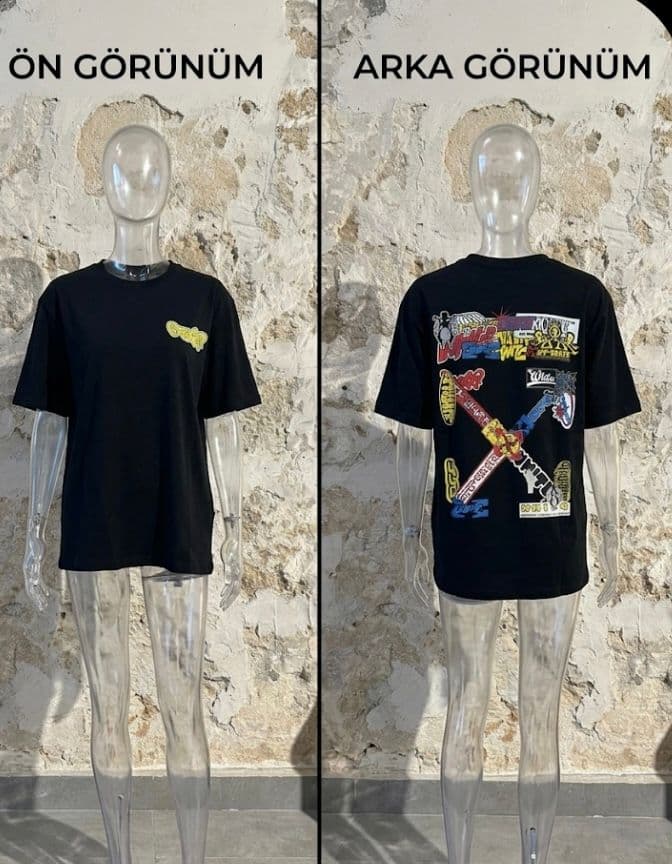 Off-White Grafik Baskılı Siyah T-Shirt (Ön & Arka Görünüm)