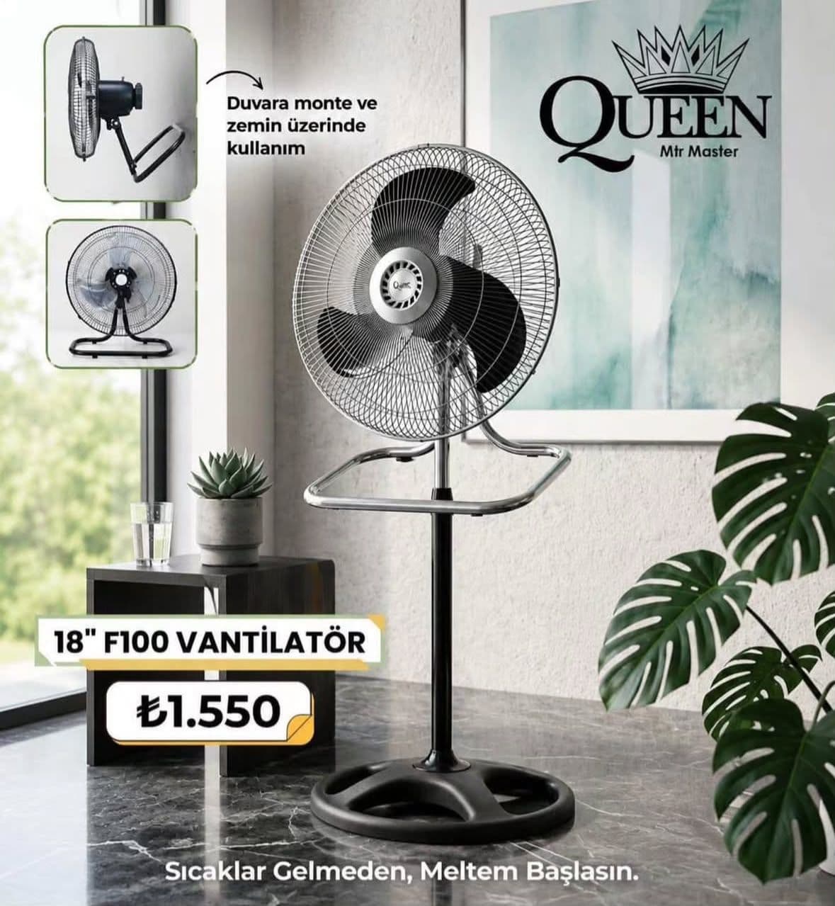     Queen 18 İnç Ayaklı ve Duvara Monte Sanayi Tipi Vantilatör F100