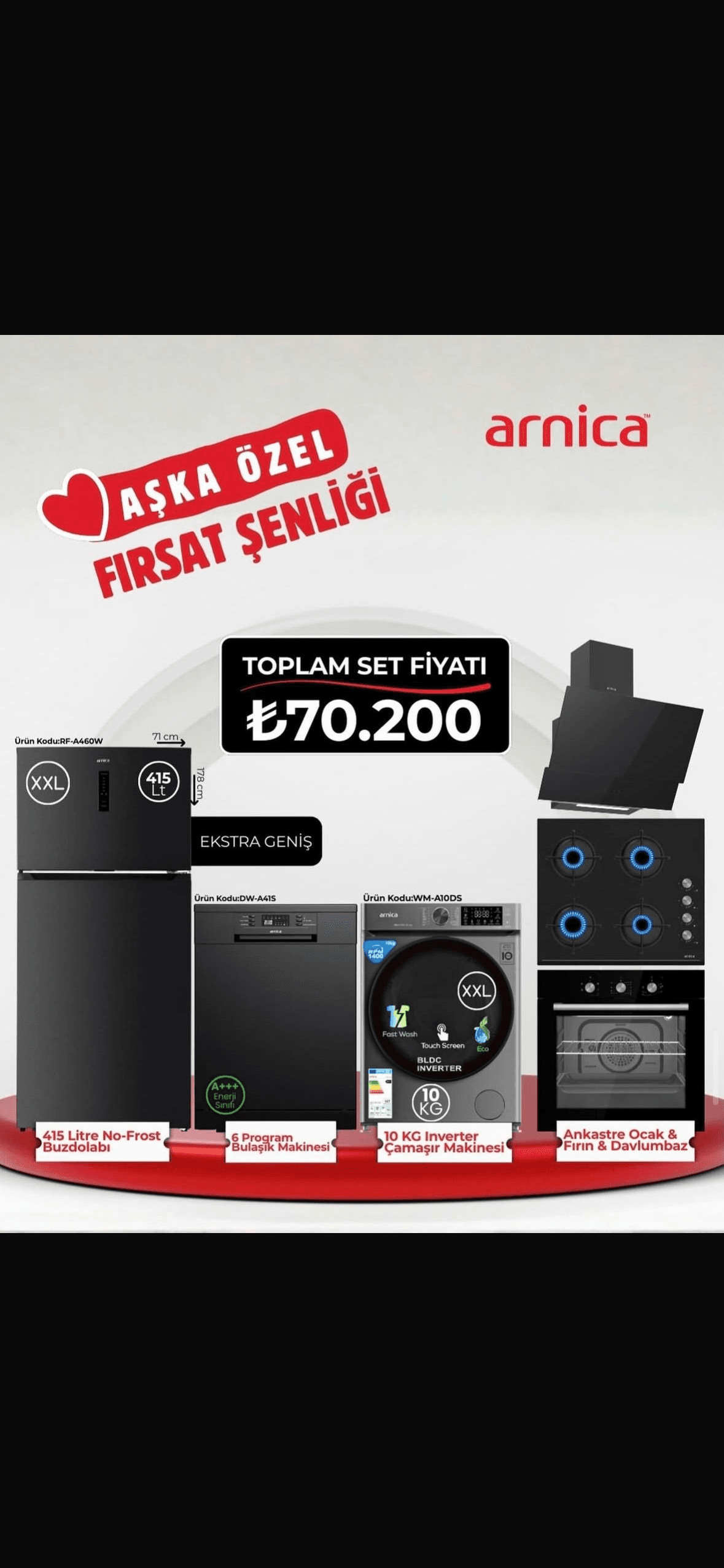 Arnica Beyaz Eşya Seti Siyah Renk