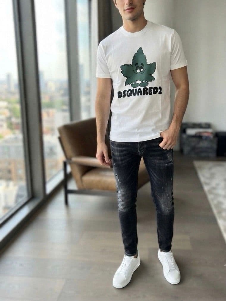 Dsquared2 Iconic Leaf Baskılı Beyaz Erkek T-Shirt - Premium Koleksiyon