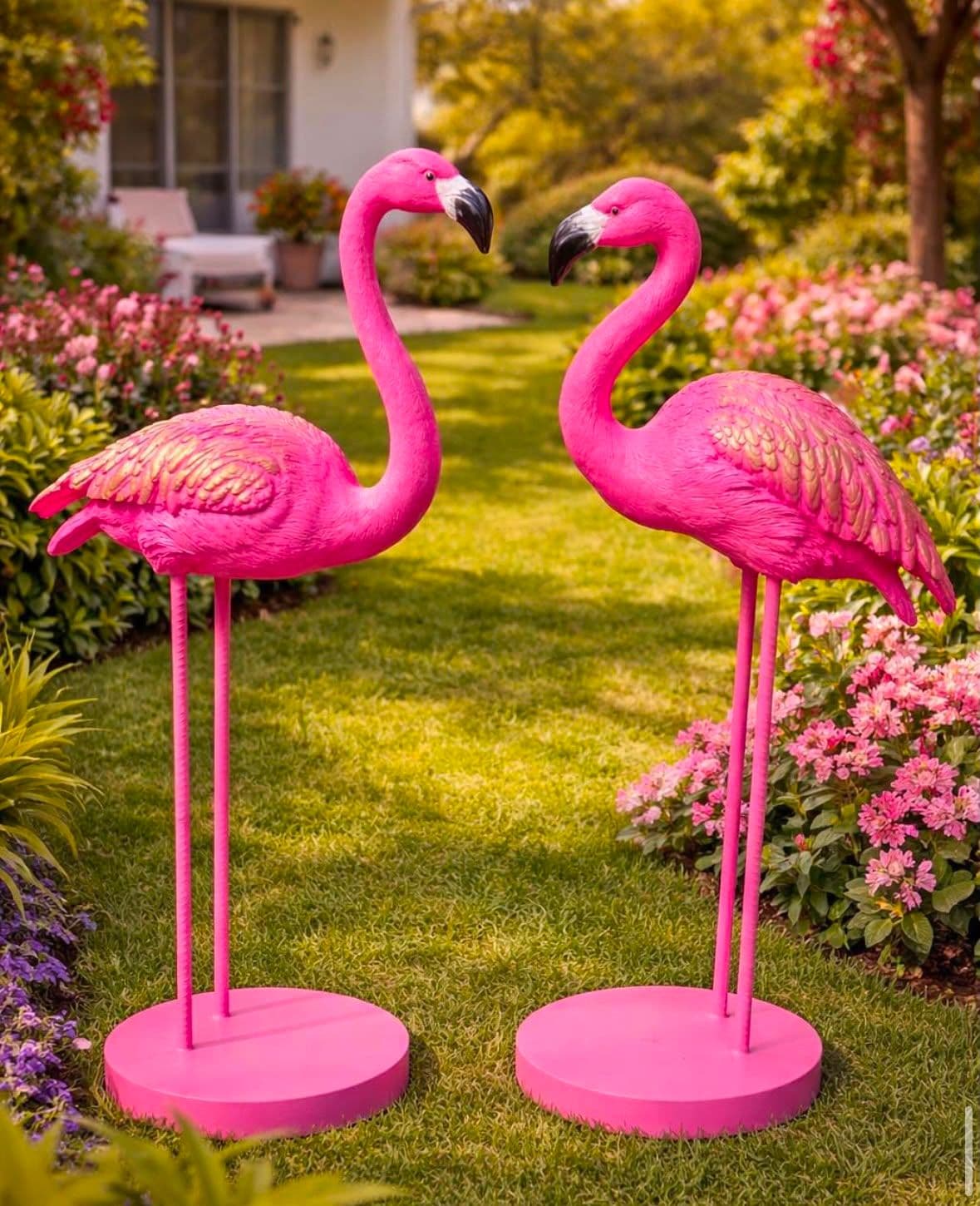     Pembe Flamingo Bahçe Süsü Dekoratif İkili Flamingo Heykeli