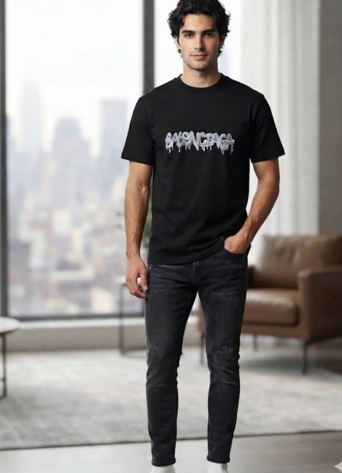 Yeni Sezon Balenciaga Sokak Modası Siyah T-shirt - Gümüş Efektli