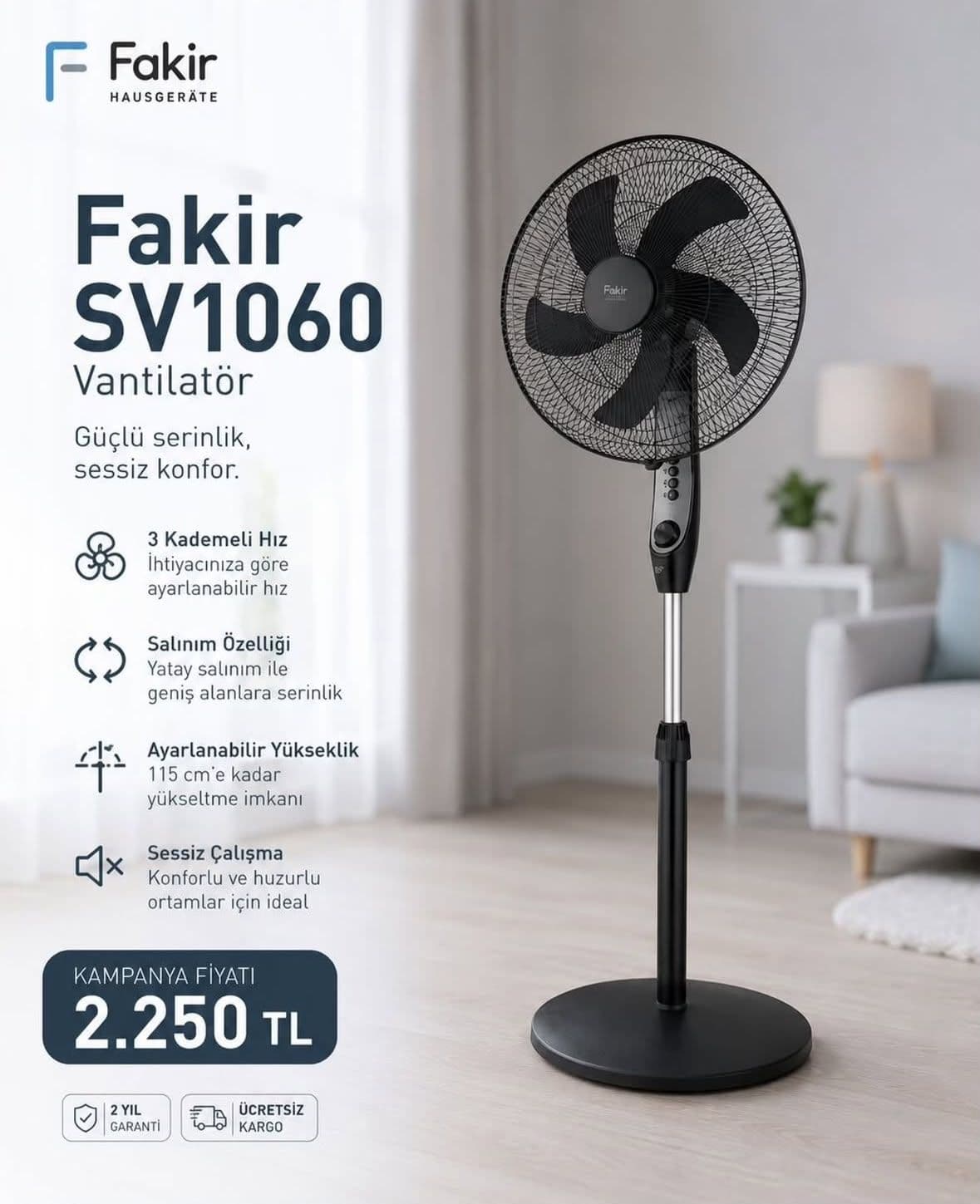     Fakir SV1060 Ayaklı Vantilatör 3 Kademeli Sessiz Salınımlı Vantilatör