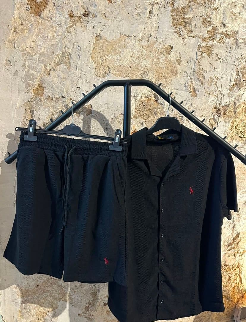 Erkek Siyah Polo Yaka Kısa Kollu Gömlek Şort Takımı