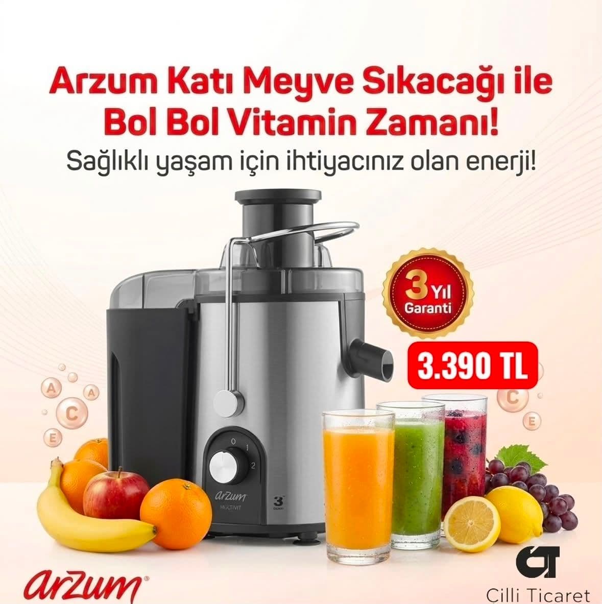     Arzum MultiMey Katı Meyve Sıkacağı 3 Kademeli Paslanmaz Çelik Juicer