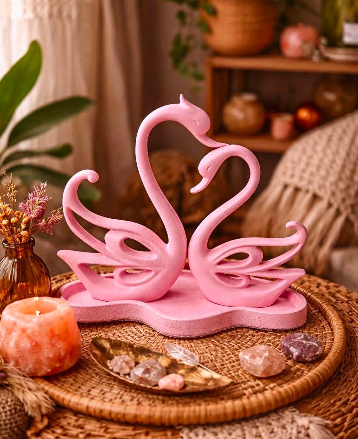 Pembe Aşık Kuğular Dekoratif Biblo – Romantik Masa Süsü
